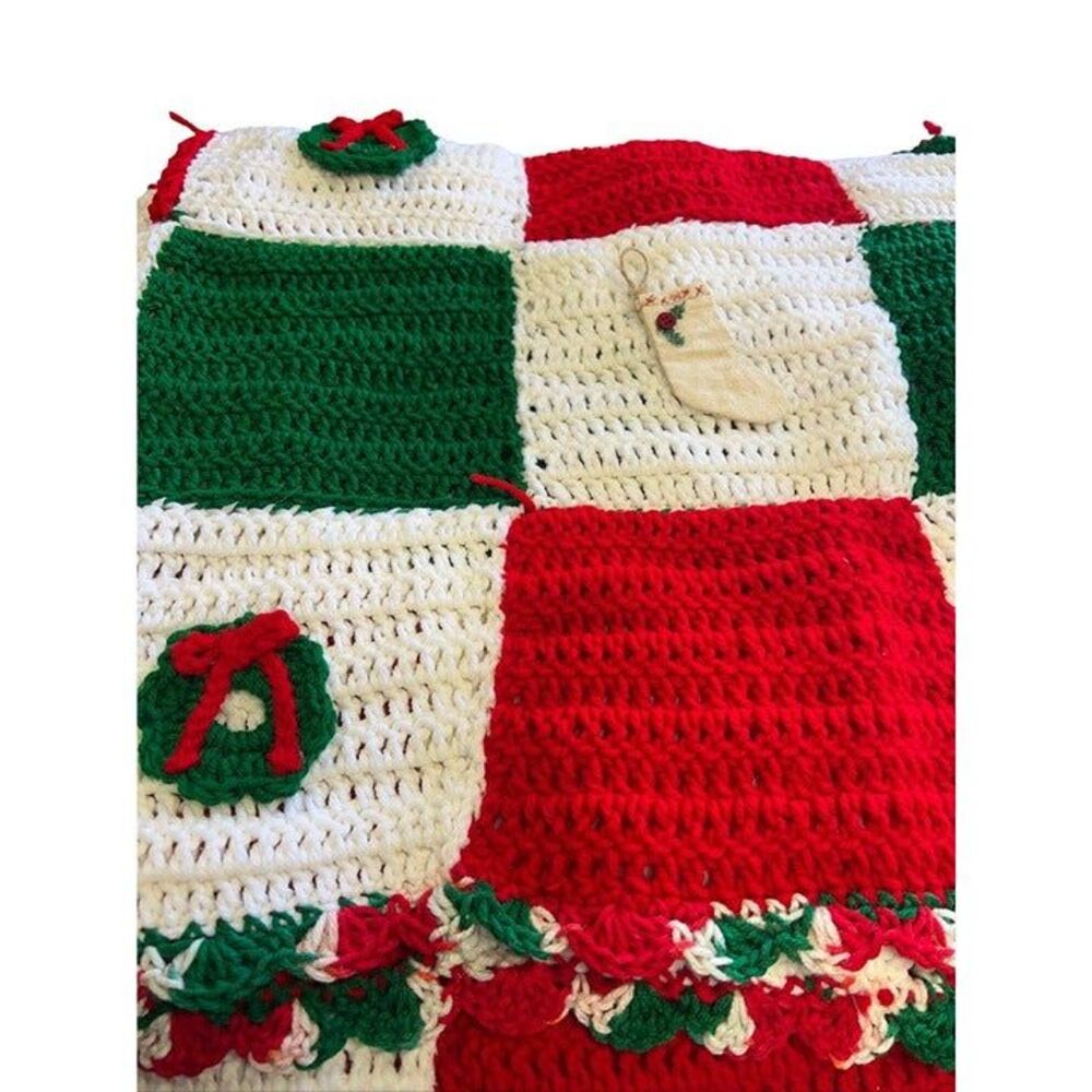 Handmade crocheted Christmas Afghan blanket Wreaths Stockings